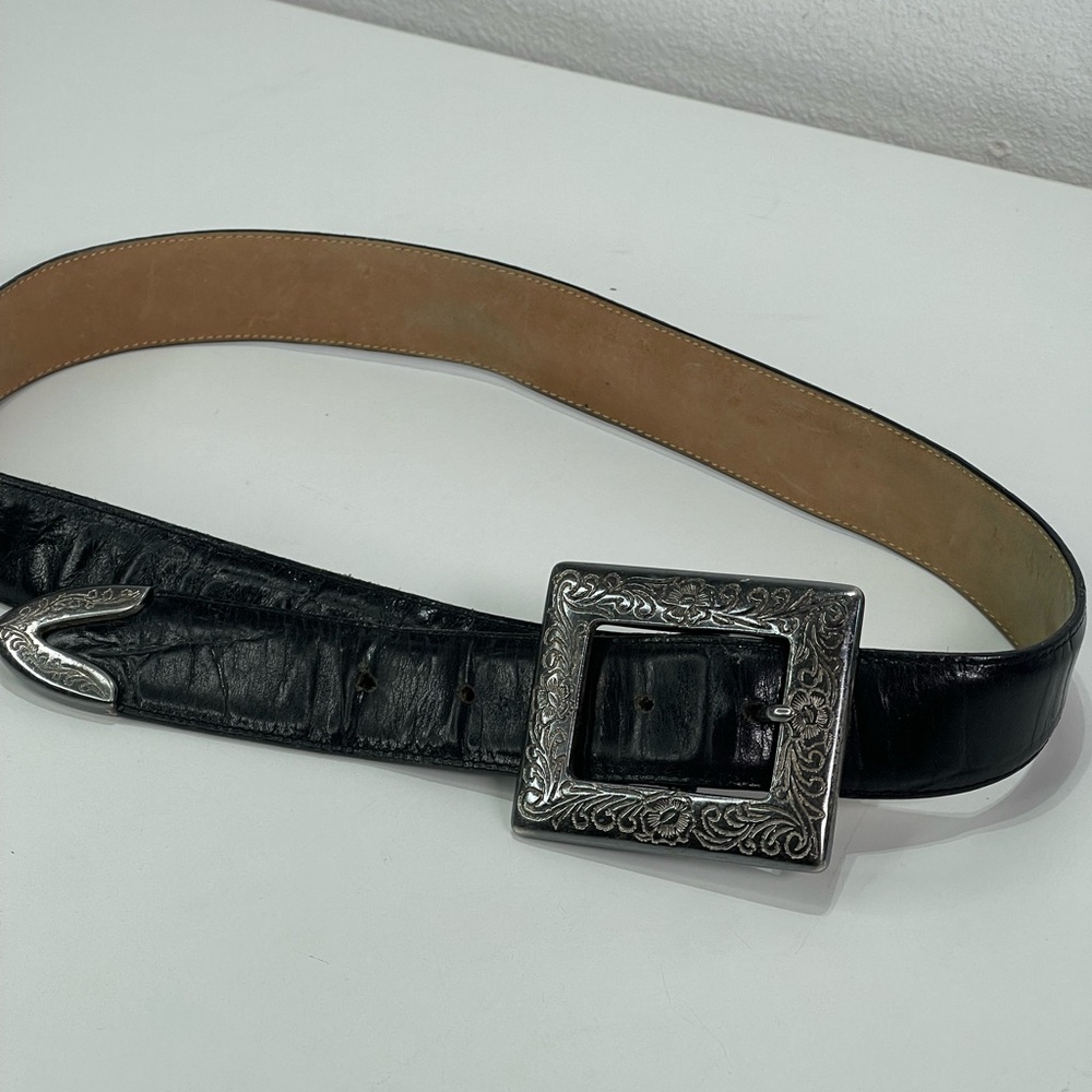 Vtg 90s Brighton Black Leather Belt Women 37'' Silver Western Floral Squared